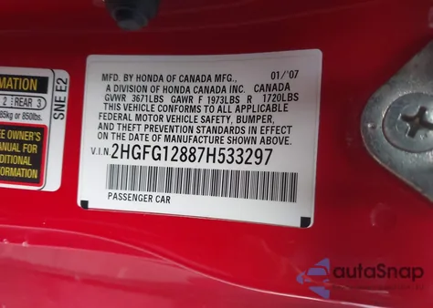 2007 Honda Civic Lx из США, поврежденный, VIN 1HGFA16587L061851